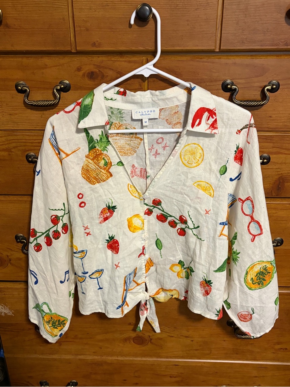 Calypso St. Barth Cream Linen Shirt Jacket with Colorful Fruit Print